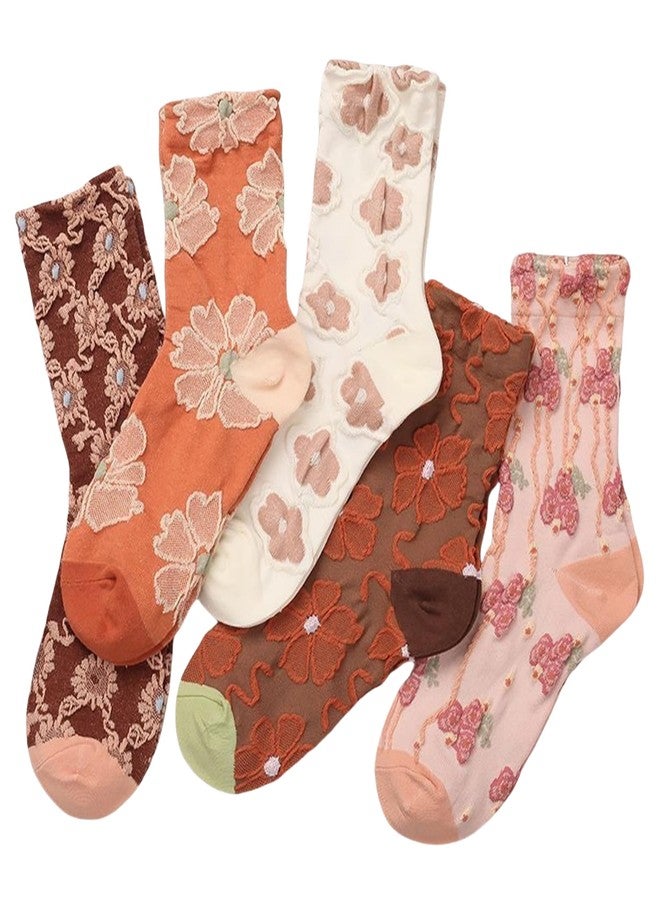 UINSUE Mid Tube Crew Socks with Lace Ruffled Cuffs Delicate Embroidered Floral and Ruffle Designs Assorted Colors Pack of 5 Suitable for Women's Size 5-10 - Image 1